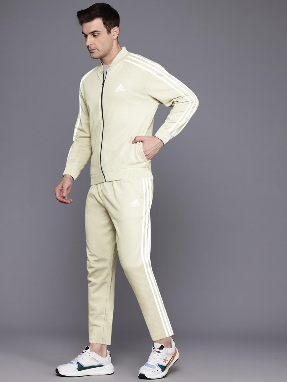 Adidas Men’s Full Zip Tracksuit Set – Beige with Signature Stripes